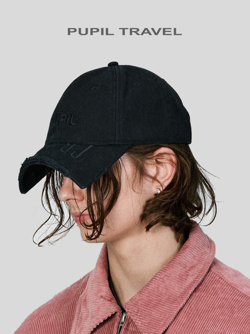 PUPILtravel 2024刺繡英文切割水洗做舊破洞鴨舌帽