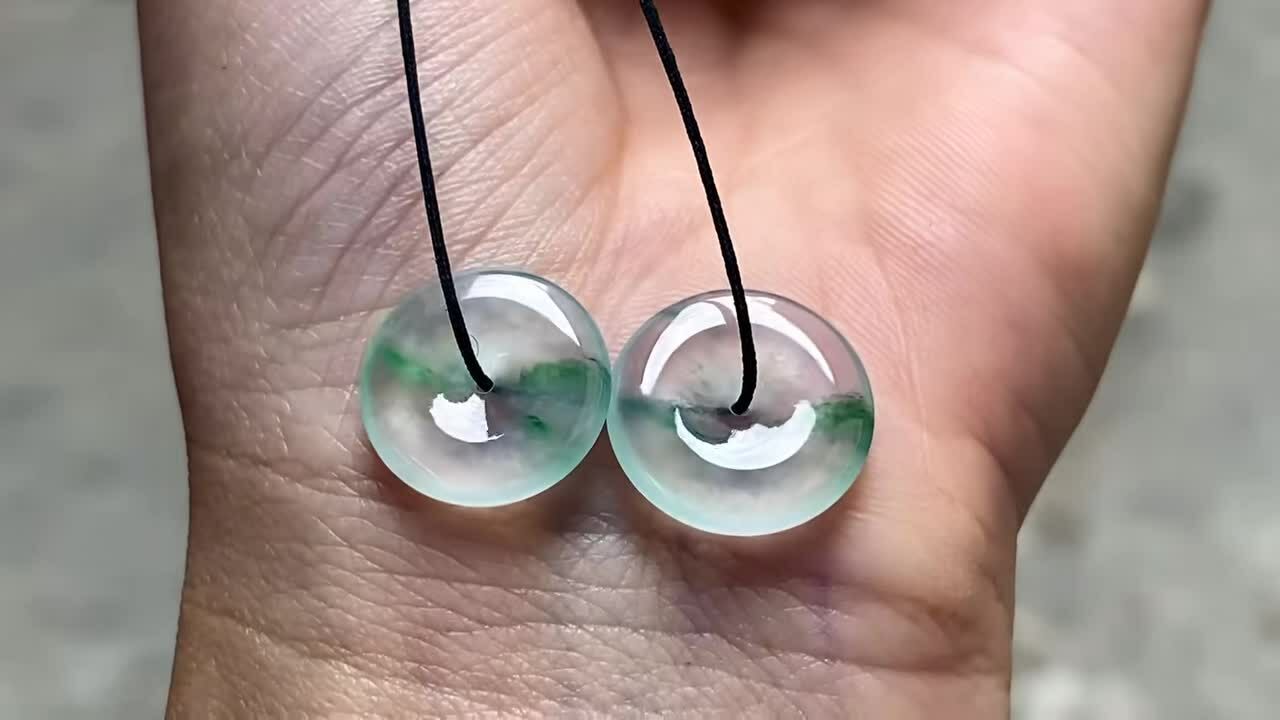 翡翠玻璃種飄彩平安扣一對 (14mm直徑),天然翡翠A玉, 緬甸玉, Jade, Jadeite