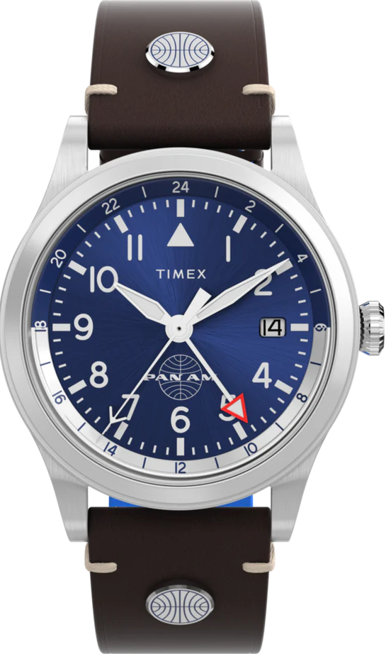 萬年鐘錶 - TIMEX 天美時 Timex X Pan Am  泛美航空GMT兩地時間聯名飛行員設計皮革款男錶 TW2W97300  錶徑39MM
