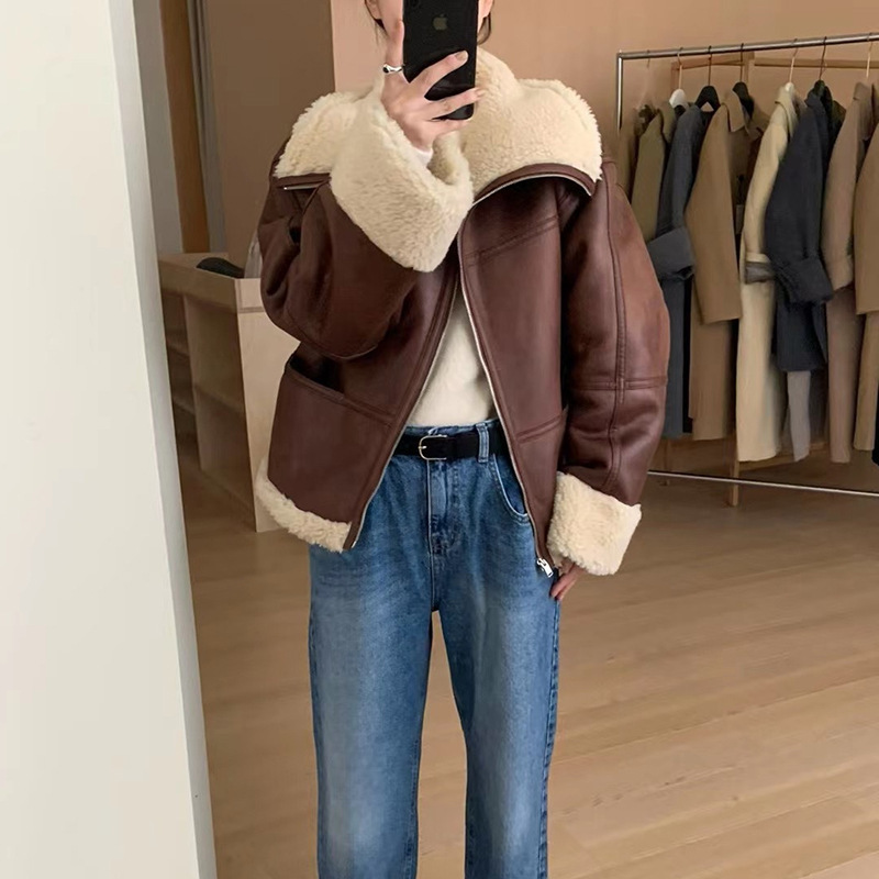 復古皮毛一體機車羊羔毛外套