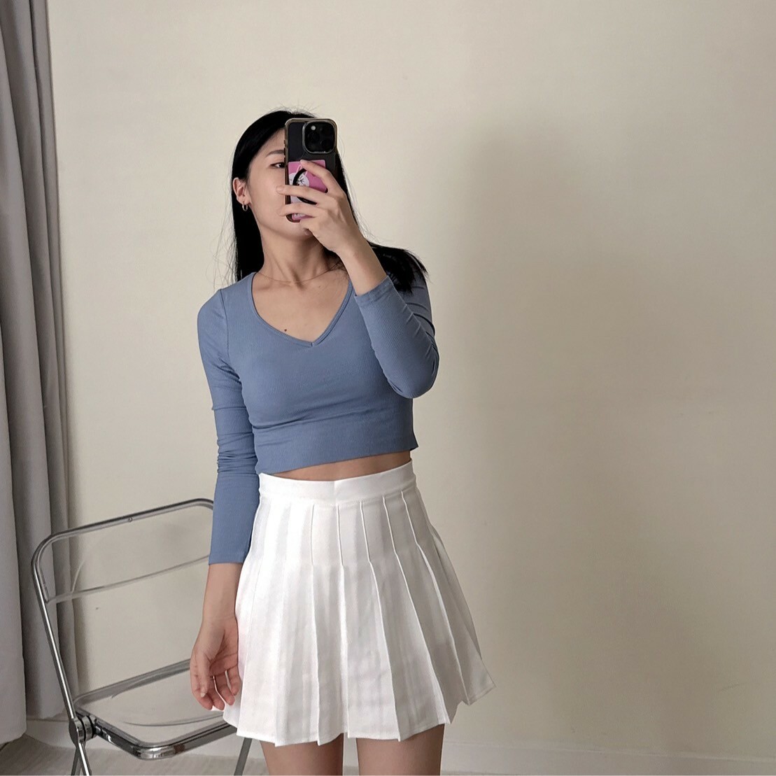 V領短版彈彈長袖bra T（現貨）