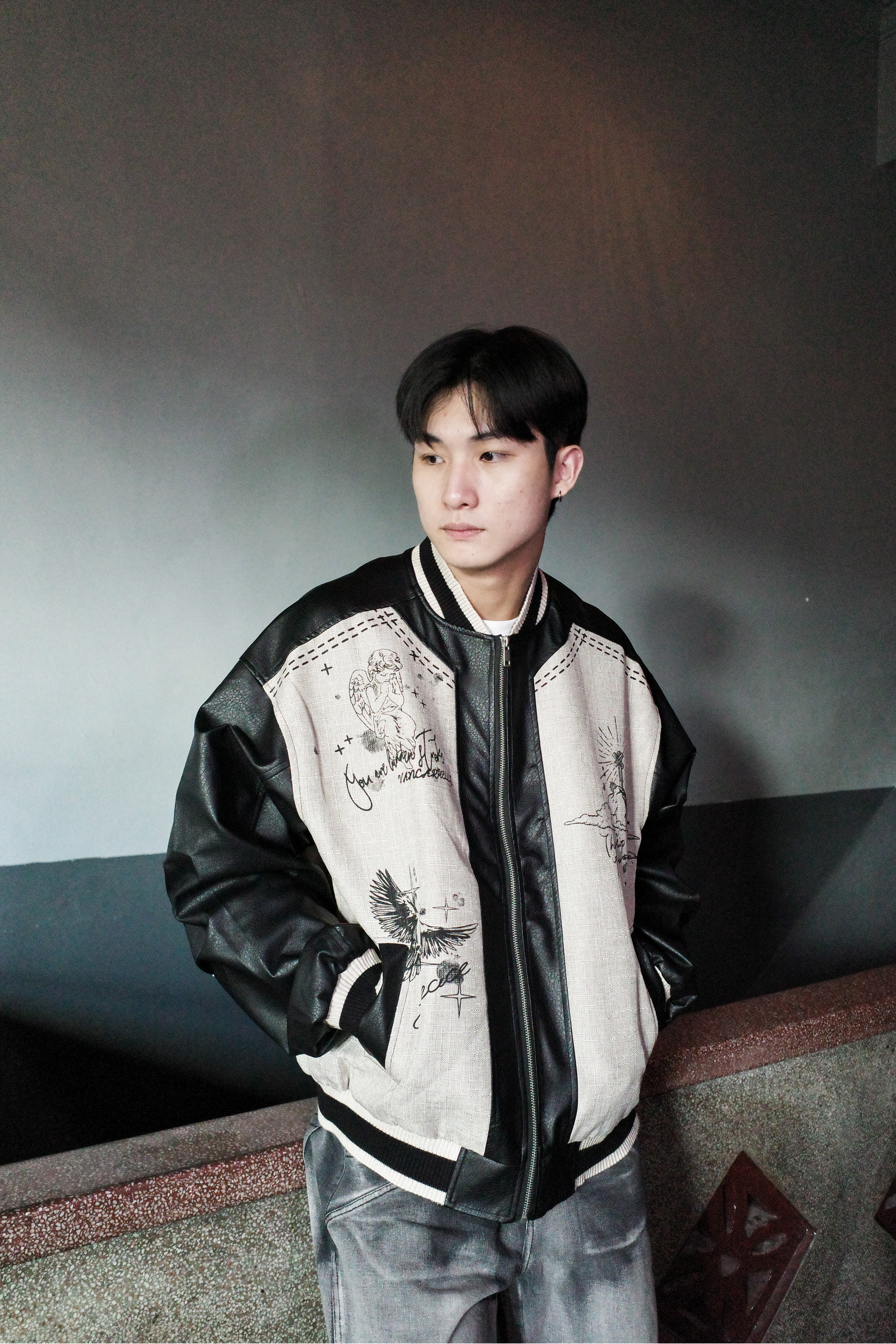 『Always_Good』天使雕像 拼接 皮革 棒球外套