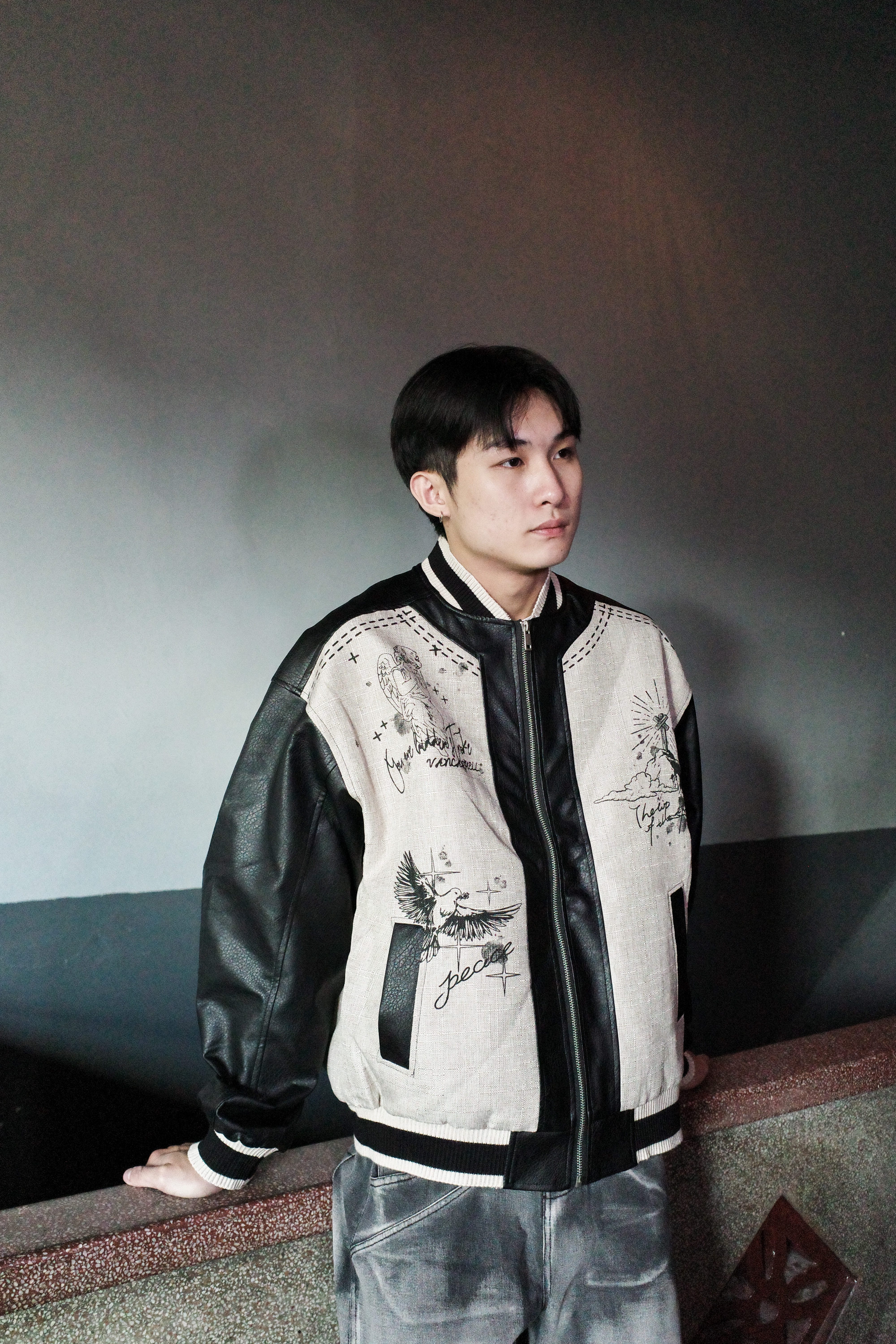 『Always_Good』天使雕像 拼接 皮革 棒球外套