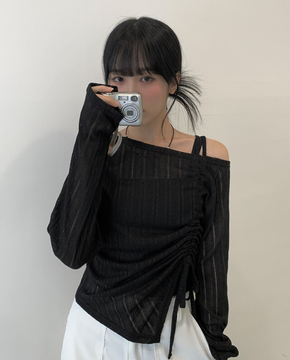 韓國連線🇰🇷 Anyonemore 斜肩側抽繩薄長袖 微透 斜肩 側抓皺 長袖 3色/預購