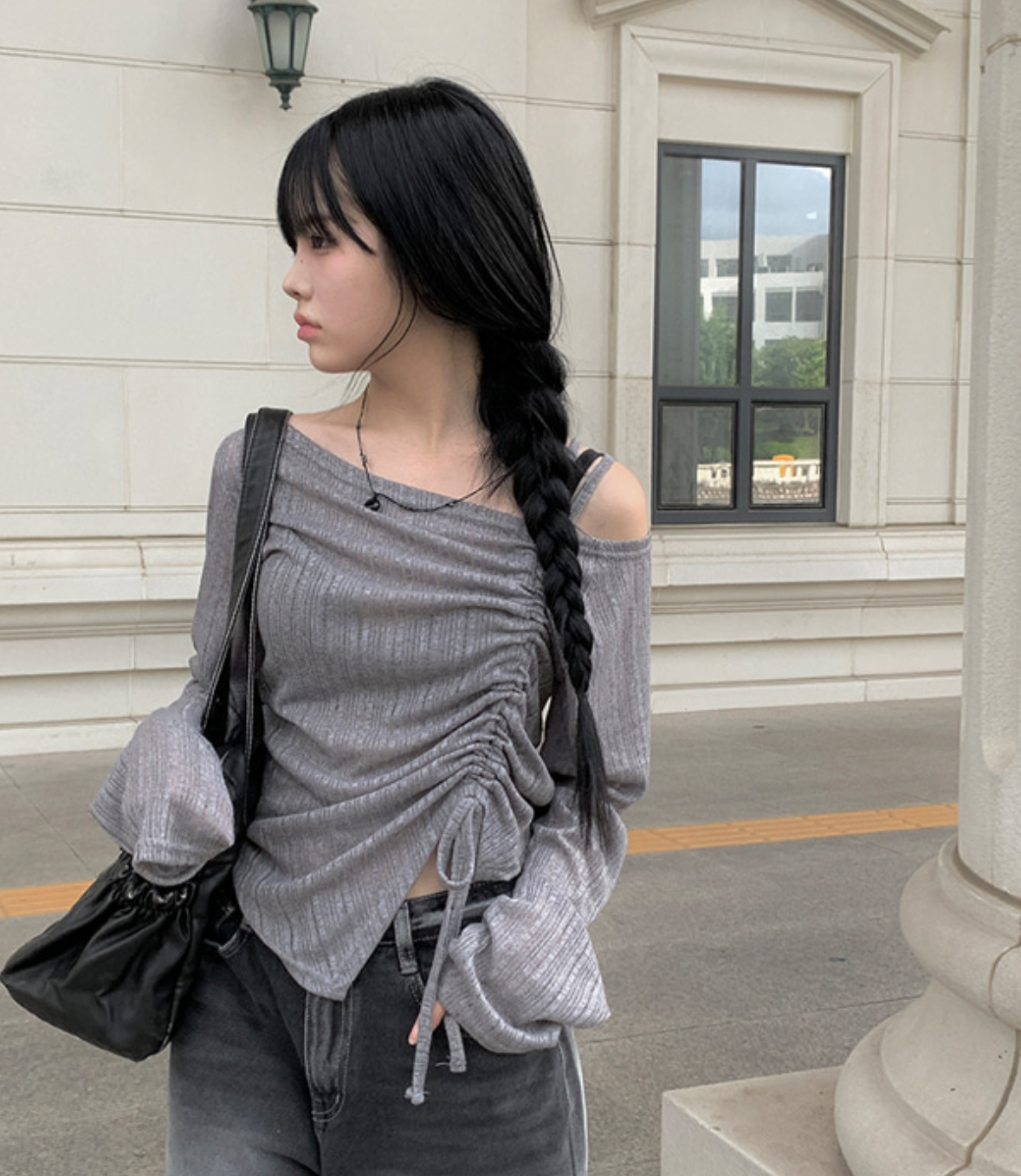 韓國連線🇰🇷 Anyonemore 斜肩側抽繩薄長袖 微透 斜肩 側抓皺 長袖 3色/預購