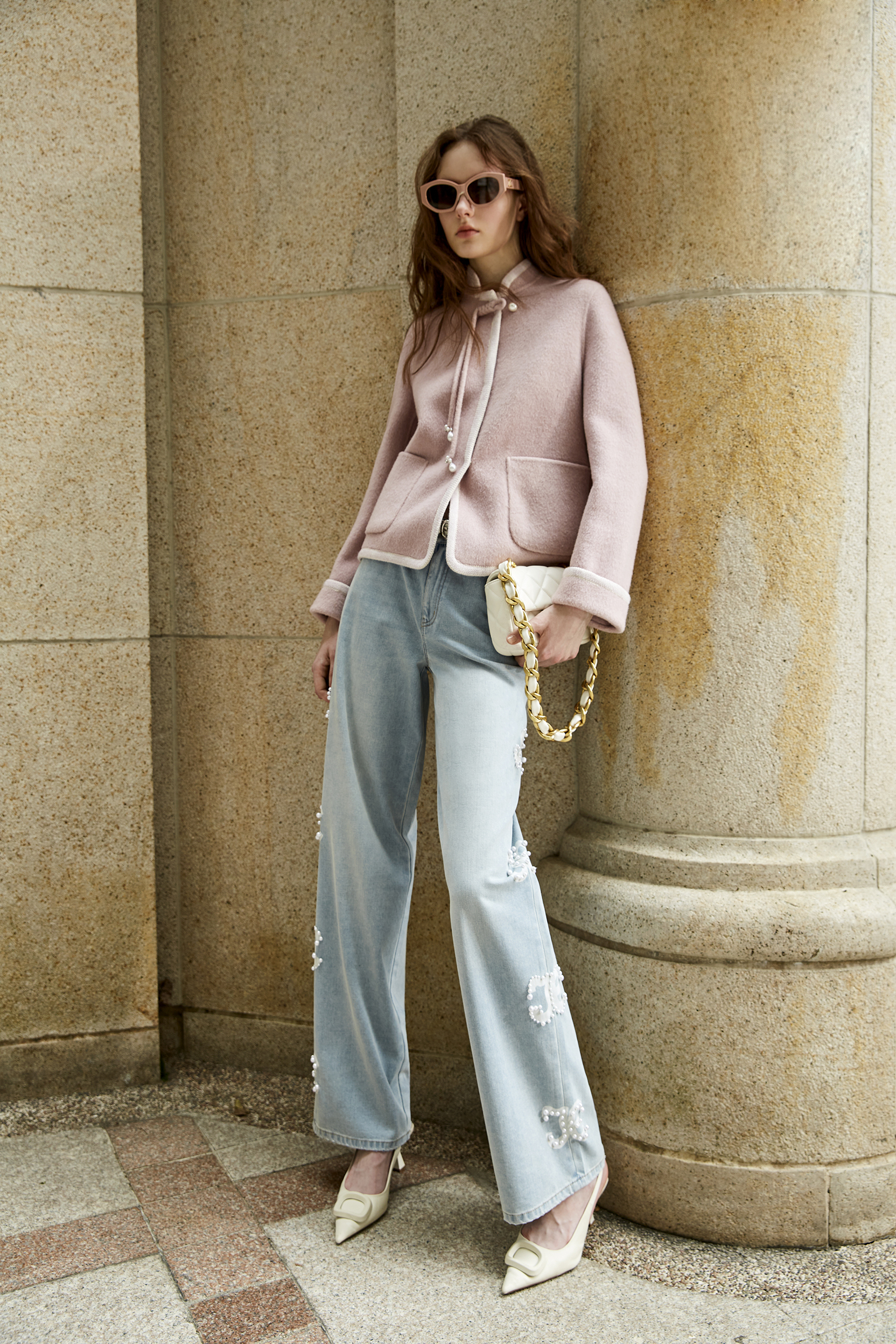 BD15301B1LOGO拔印珍珠牛仔寬褲