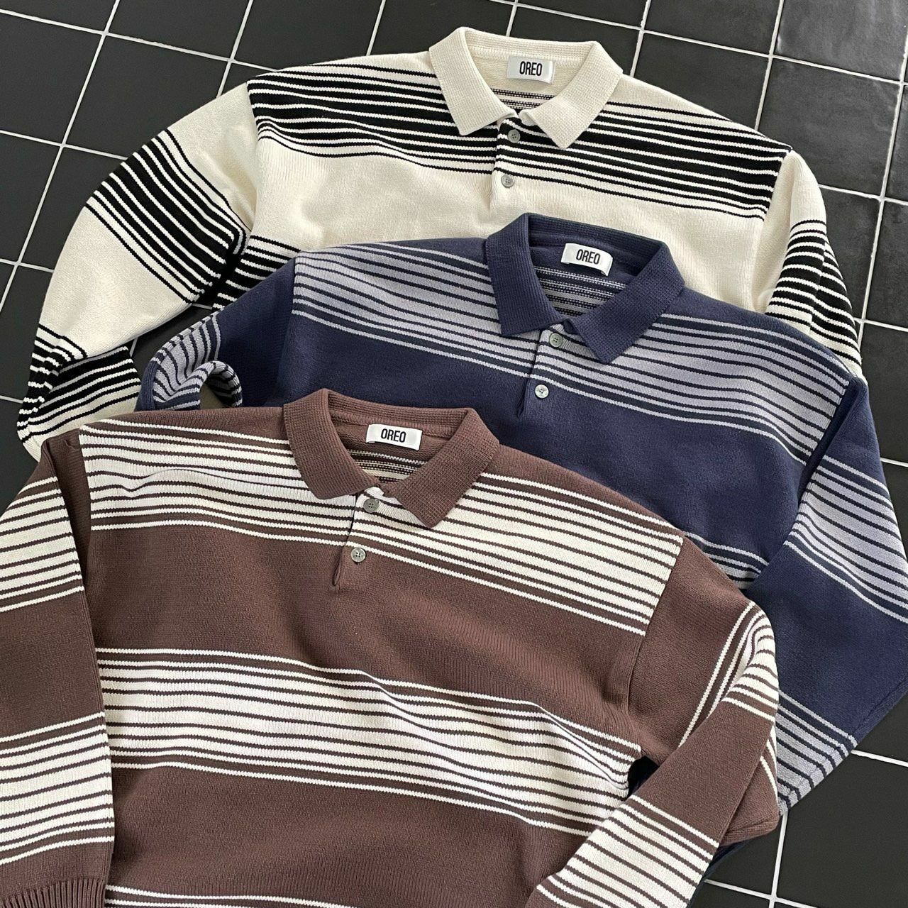 橫間長袖Polo Tee OREO-086T