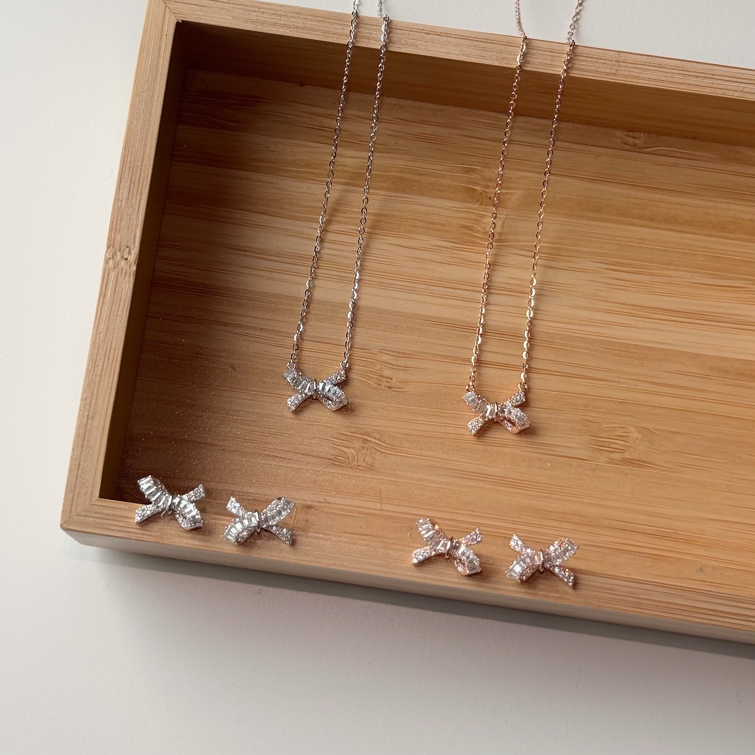 Y48【輕奢】鋯石排鑽蝴蝶結純銀套組