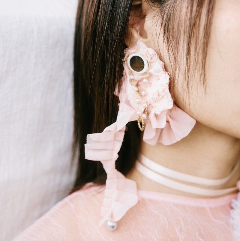 12週年- 《粉色夢境》緞帶耳環（ 2 ways） -白色緞帶款