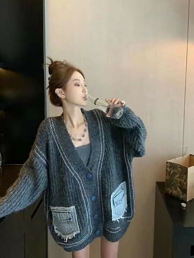 外套丨超可愛的牛仔口袋粗針大毛衣