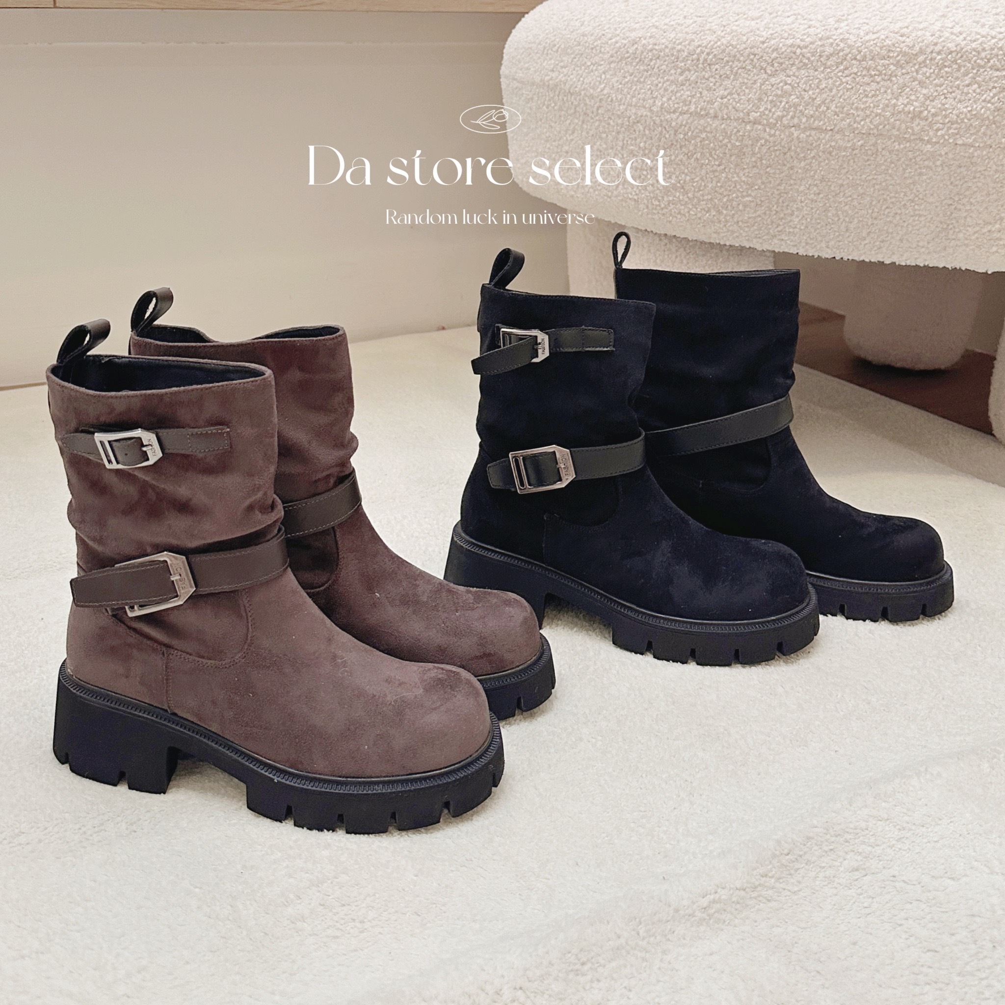 麂皮扣環中筒短靴/二色