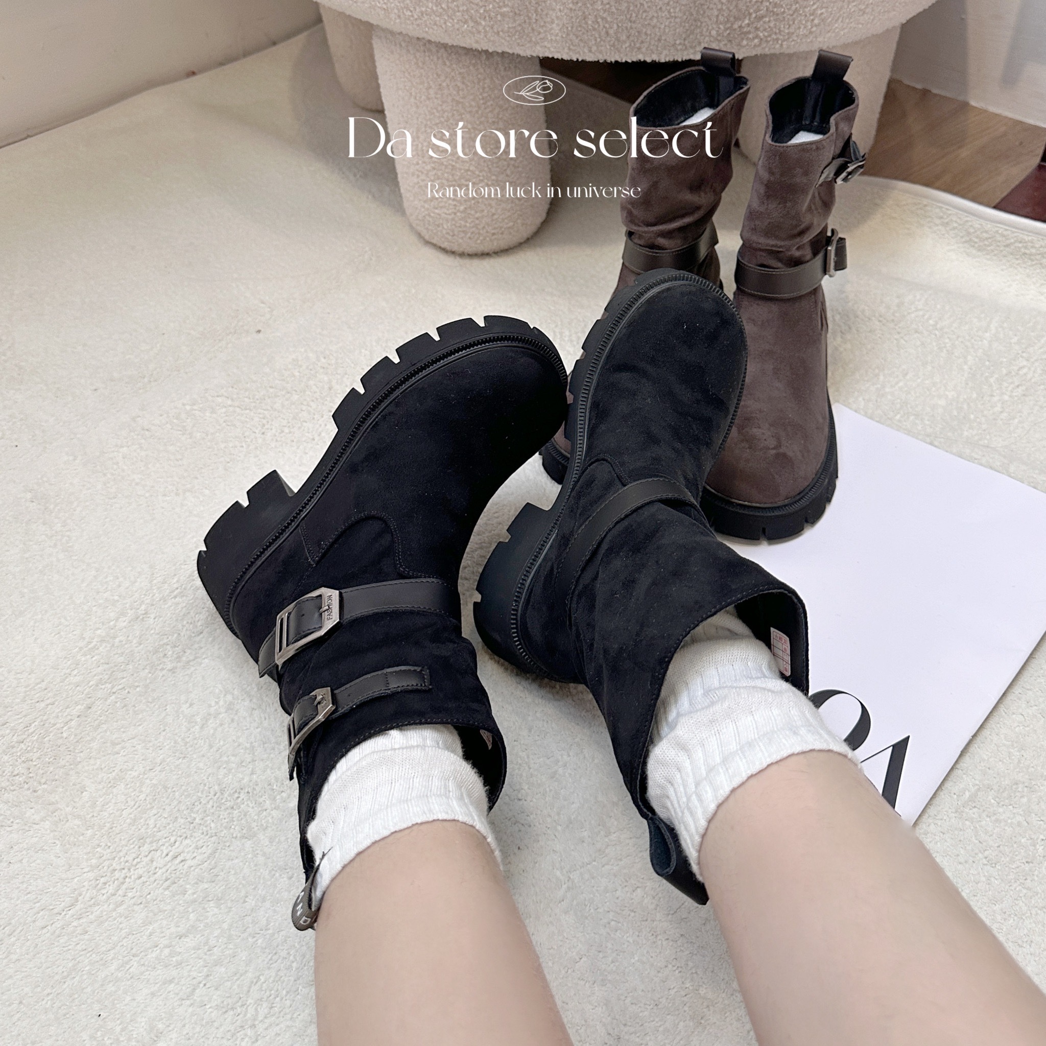 麂皮扣環中筒短靴/二色