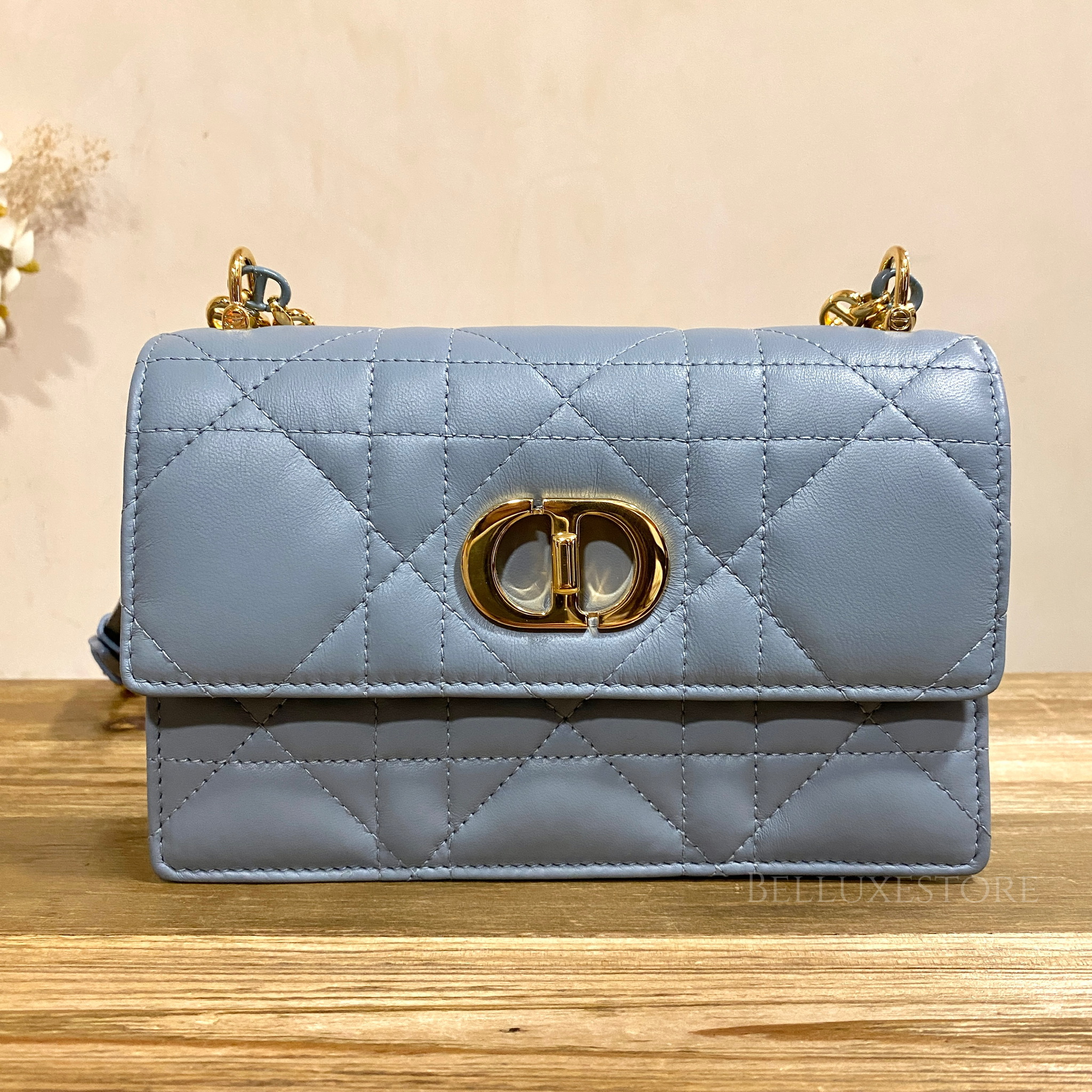 Pre-owned] Dior caro pouch lambskin cloud blue