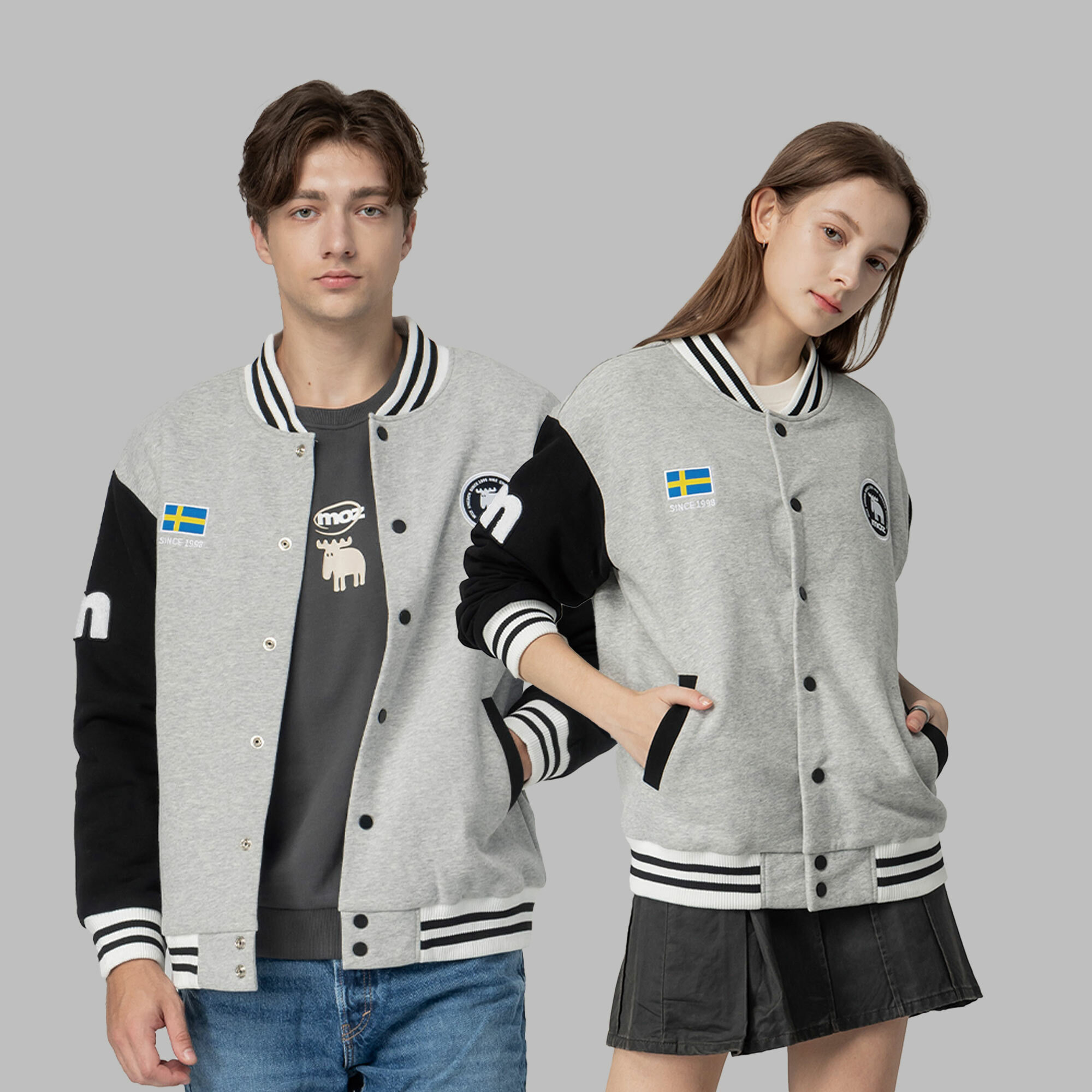 moz瑞典 駝鹿 棒球外套 (灰黑) 男女款