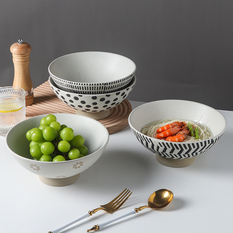 《5218》日式粗陶浮雕陶瓷高腳拉麵碗