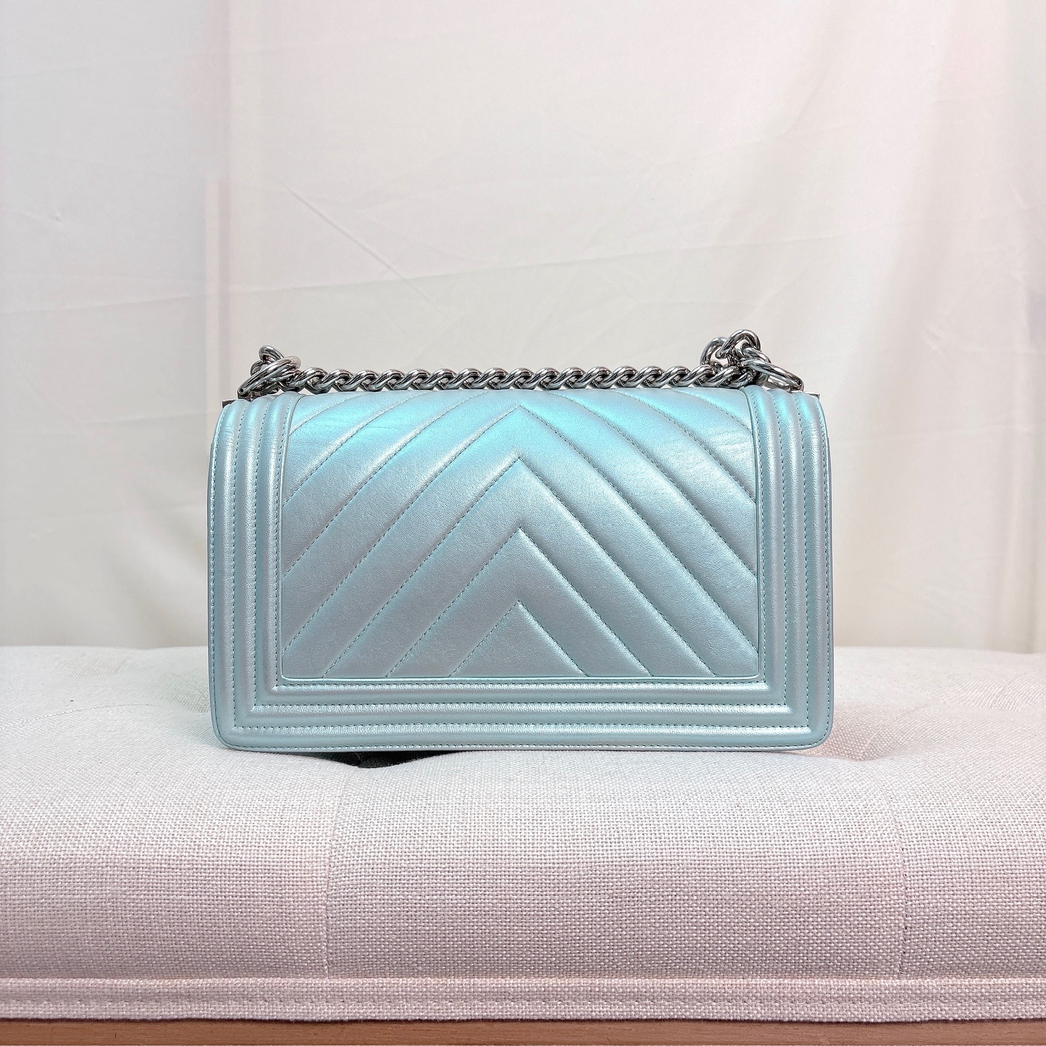 Chanel Chevron Quilted Medium Boy - Light Blue / Shw