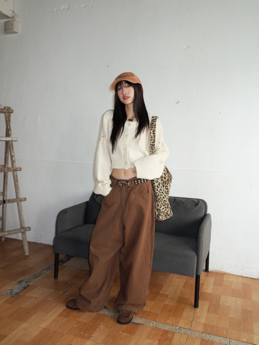 daily basic drawstring casual straight pants in BROWN