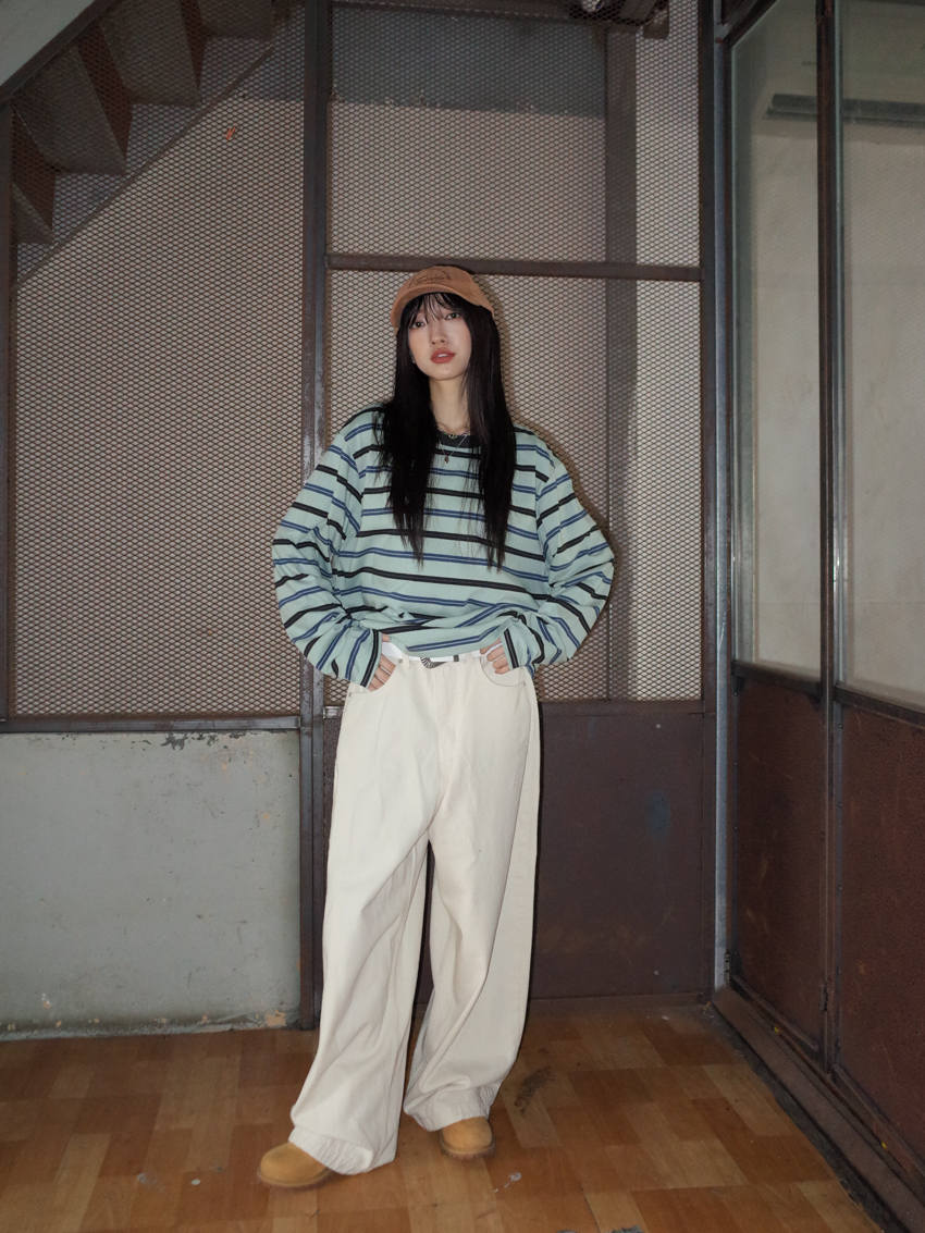 daily basic drawstring casual straight pants in WHITE