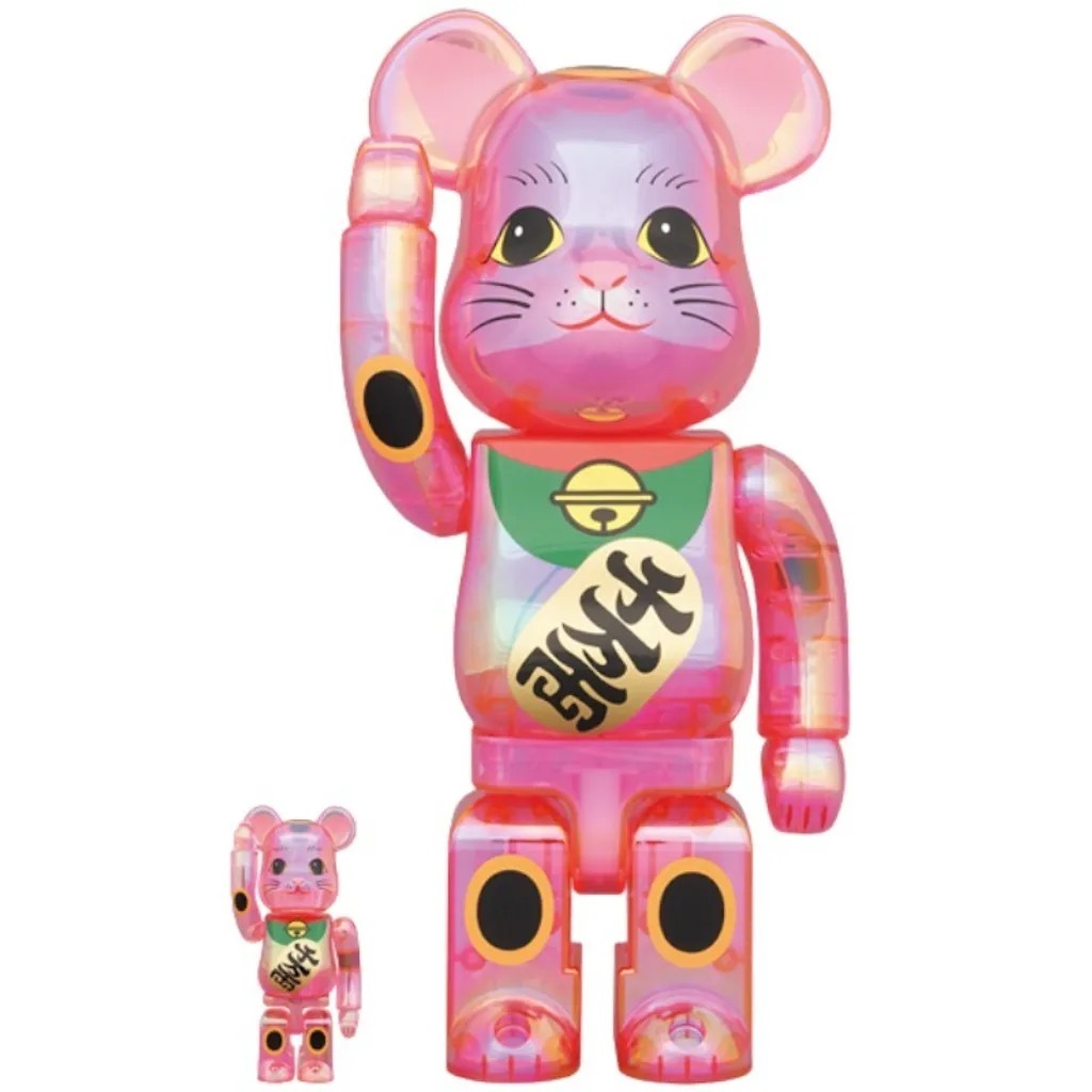 BE@RBRICK 招き猫 桃色 透明メッキ 粉透 招財貓 400% & 100%