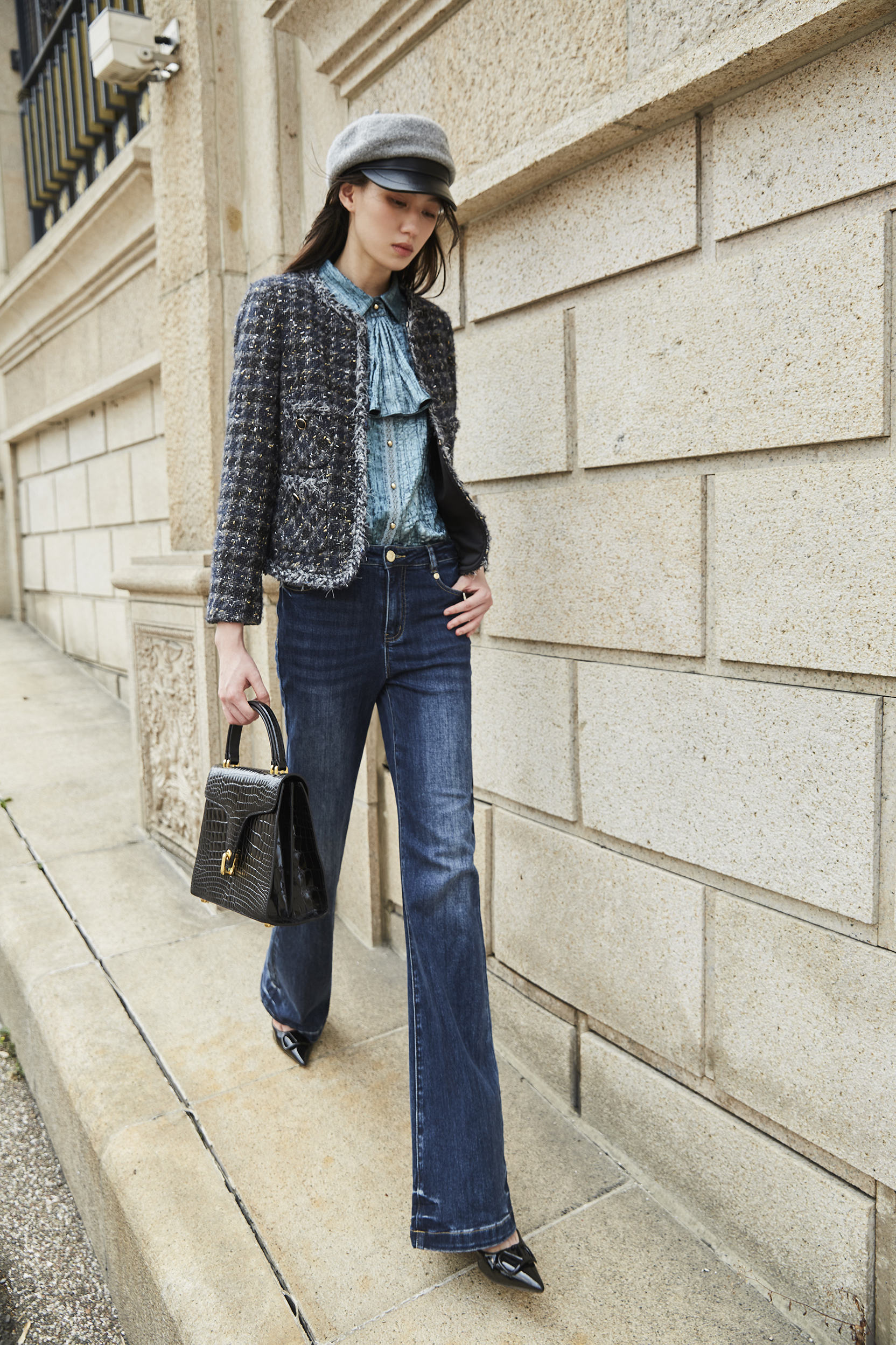 BD15325B1 新優雅微高腰牛仔喇叭褲 (附腰練包)