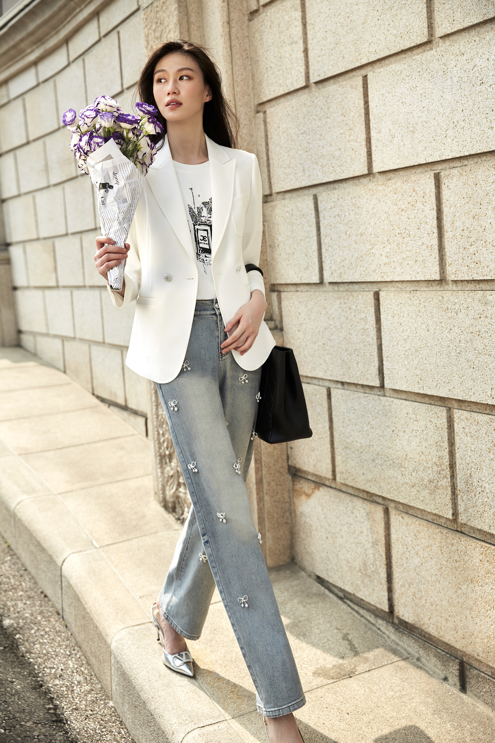 BD15761B1 時光之旅珍珠鑽蝴蝶結牛仔寬褲