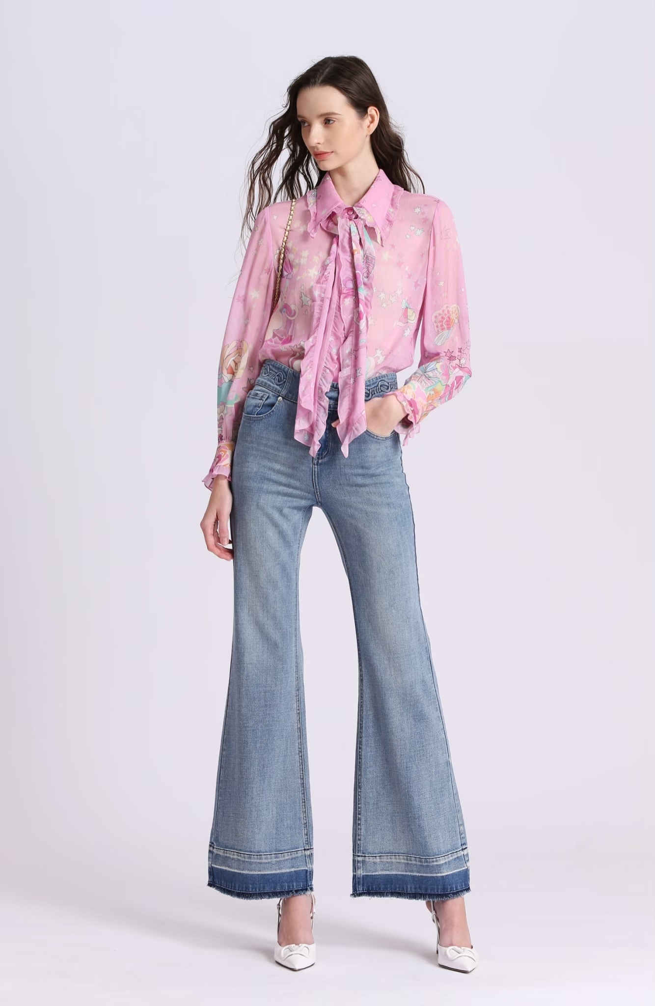 BD15767B1 骨董色調褲腳拼接輕水洗牛仔喇叭褲