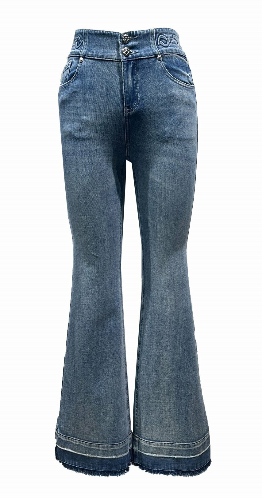 BD15767B1 骨董色調褲腳拼接輕水洗牛仔喇叭褲