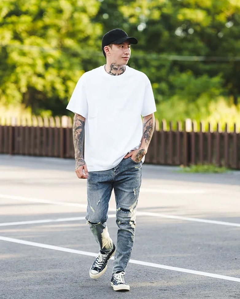 復古單寧刷破水洗牛仔褲