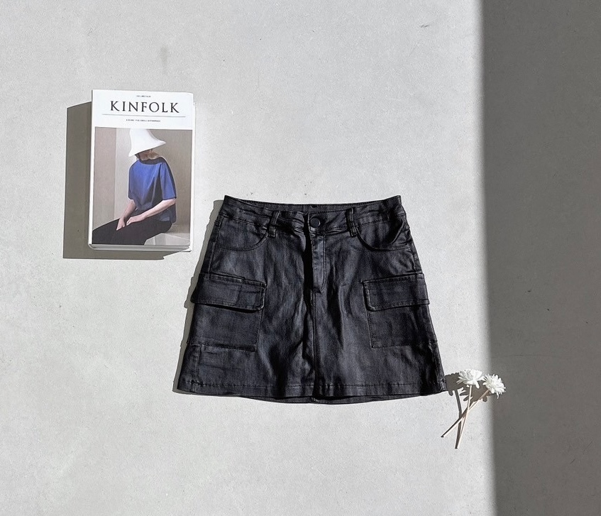 工裝口袋皮料短褲裙 9502