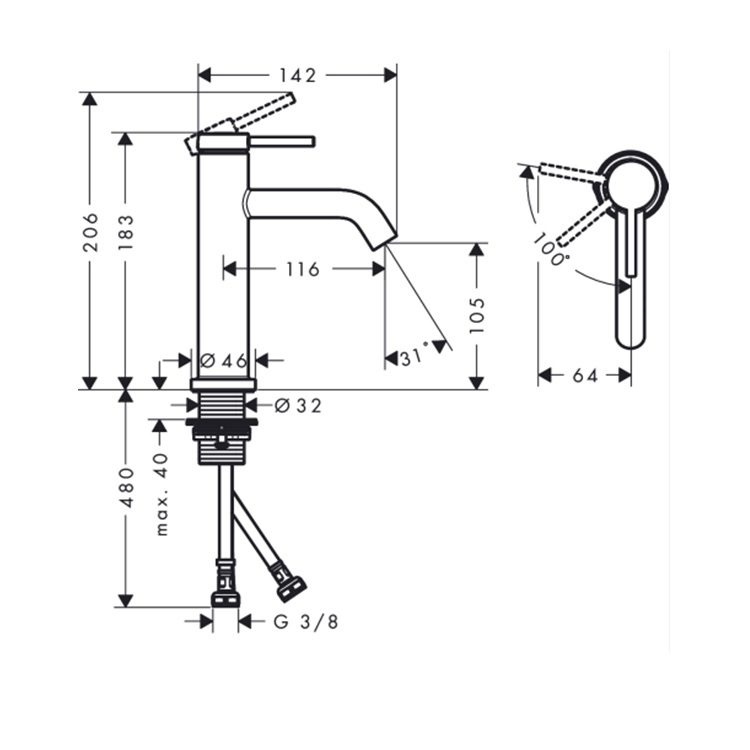 hansgrohe Tecturis S 73317, -000 Single lever basin mixer 110 CoolStart without waste set - With GA Approval & Wels