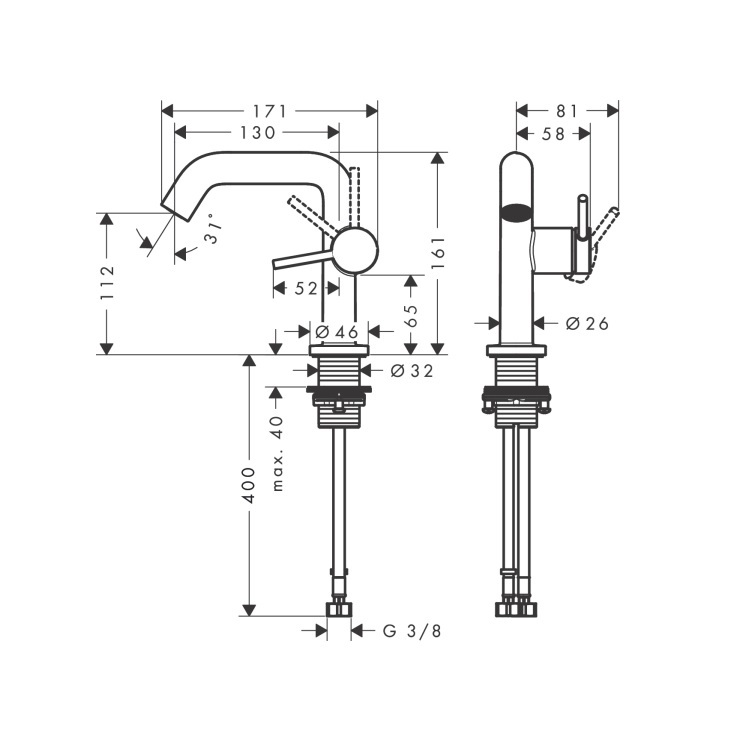 hansgrohe Tecturis S 73322, -000 Single lever basin mixer 110 Fine CoolStart with push-open waste set - With GA Approval & Wels