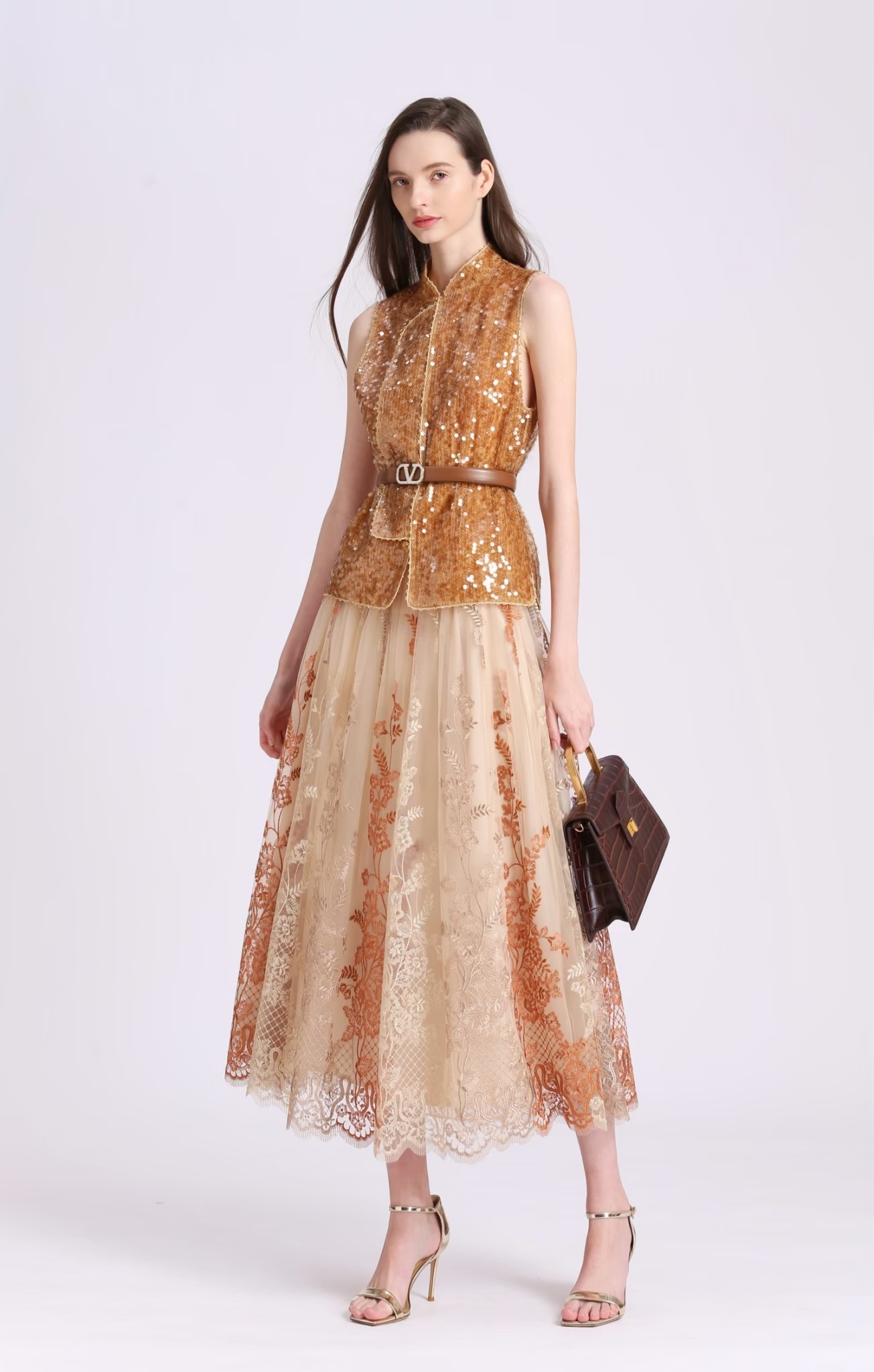 BD15101C1 時光之旅法式線版三色刺繡網紗裙