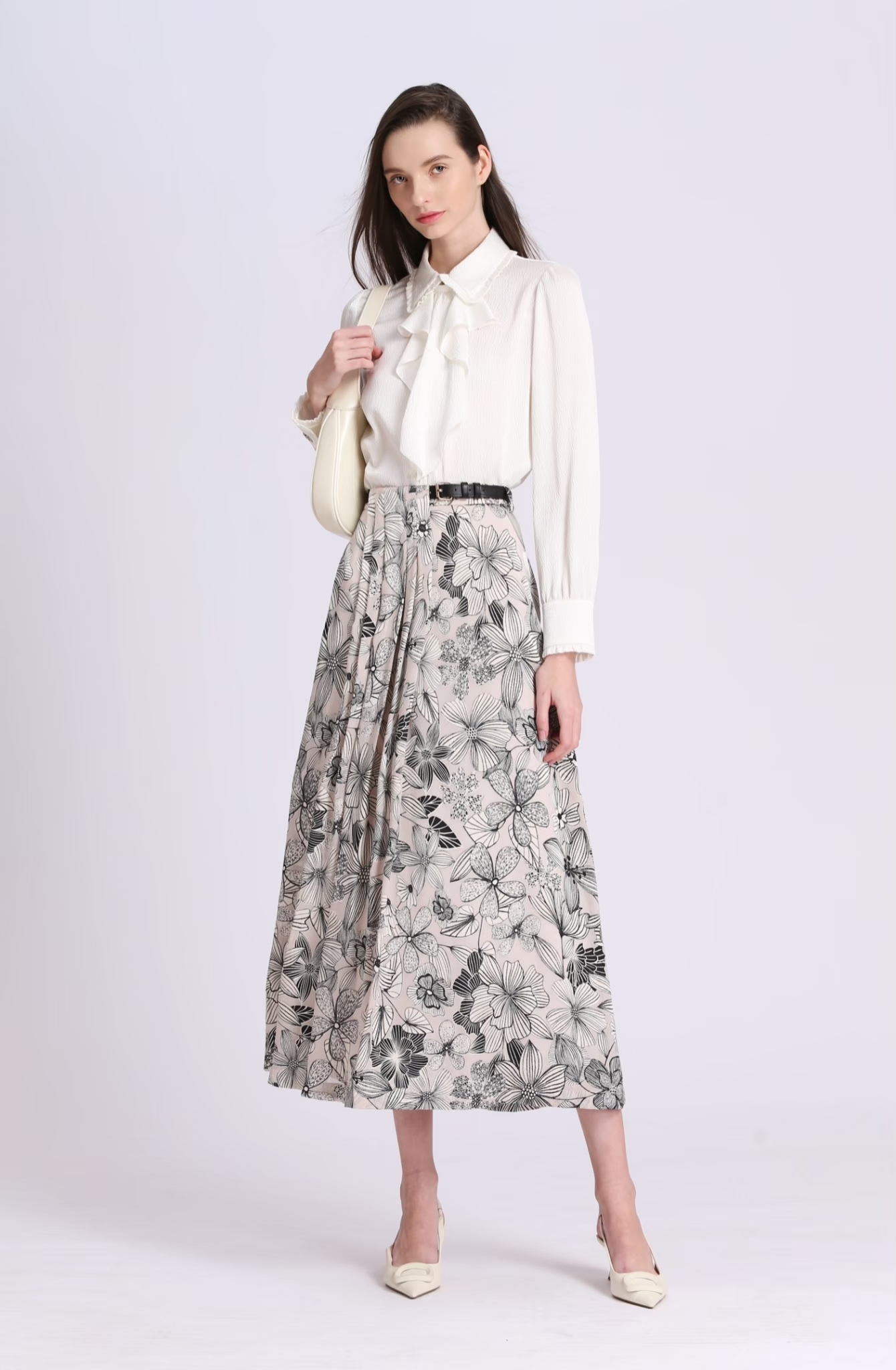 BD15106C1線條花不對稱長裙(附腰帶)