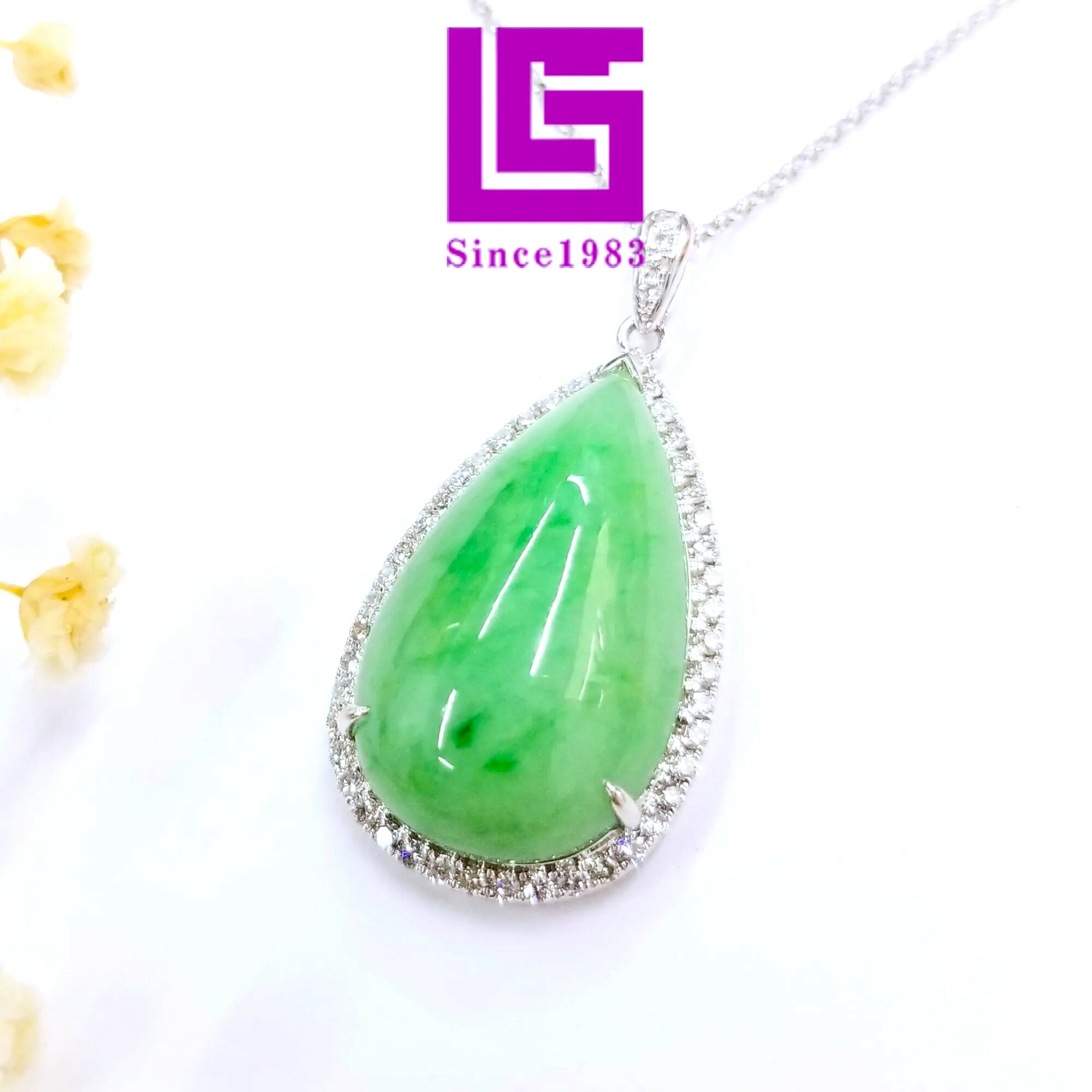 18K White Gold Jade and 0.48ct Diamond Pendent