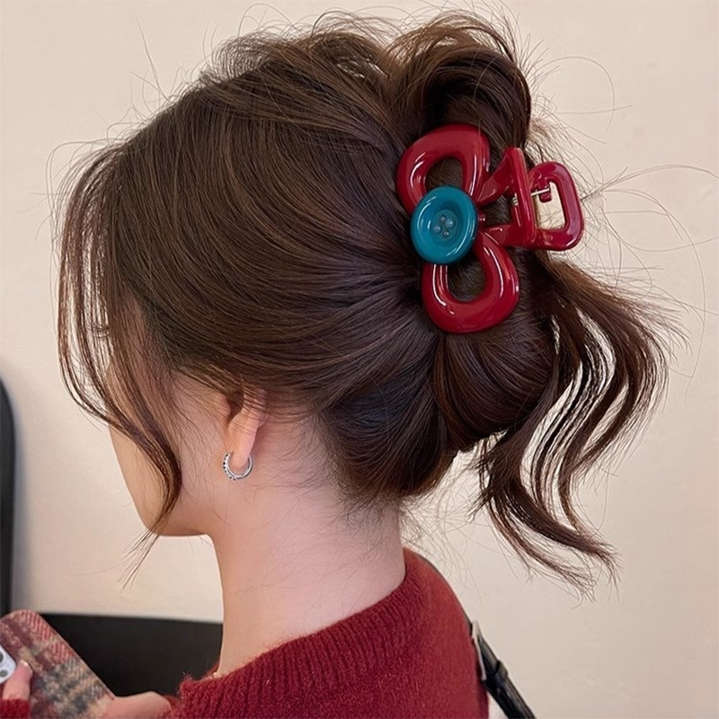 《5226》可愛紅色蝴蝶結鈕扣髮夾