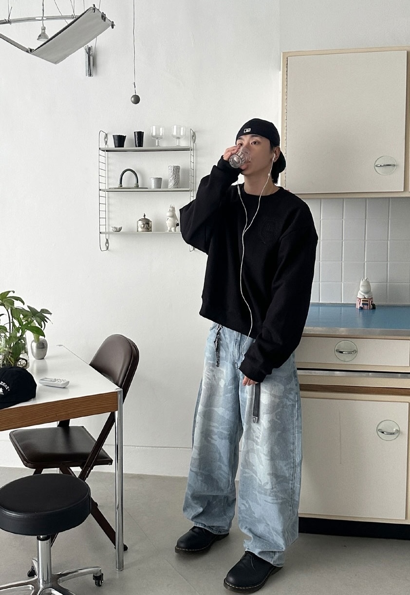 迷彩藍寬鬆氣球牛仔褲