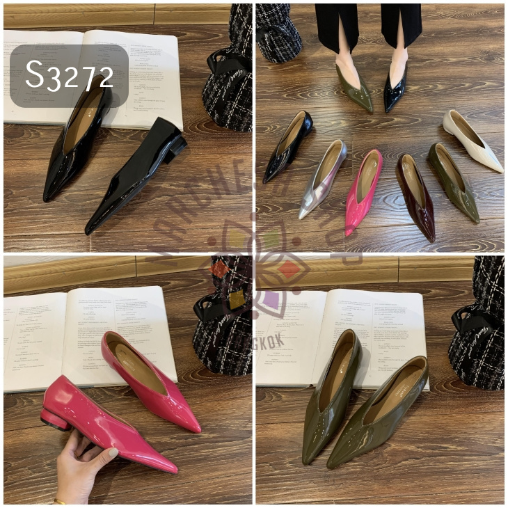 S3272 - 牛皮純色V口尖頭平底鞋