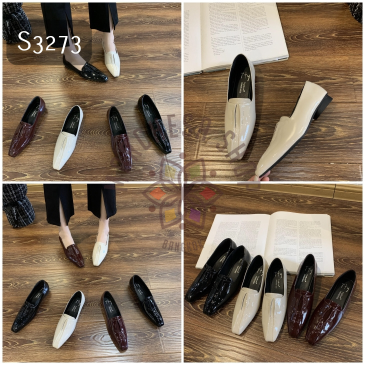 S3273 - 牛漆皮純色開口車綫方頭平底鞋