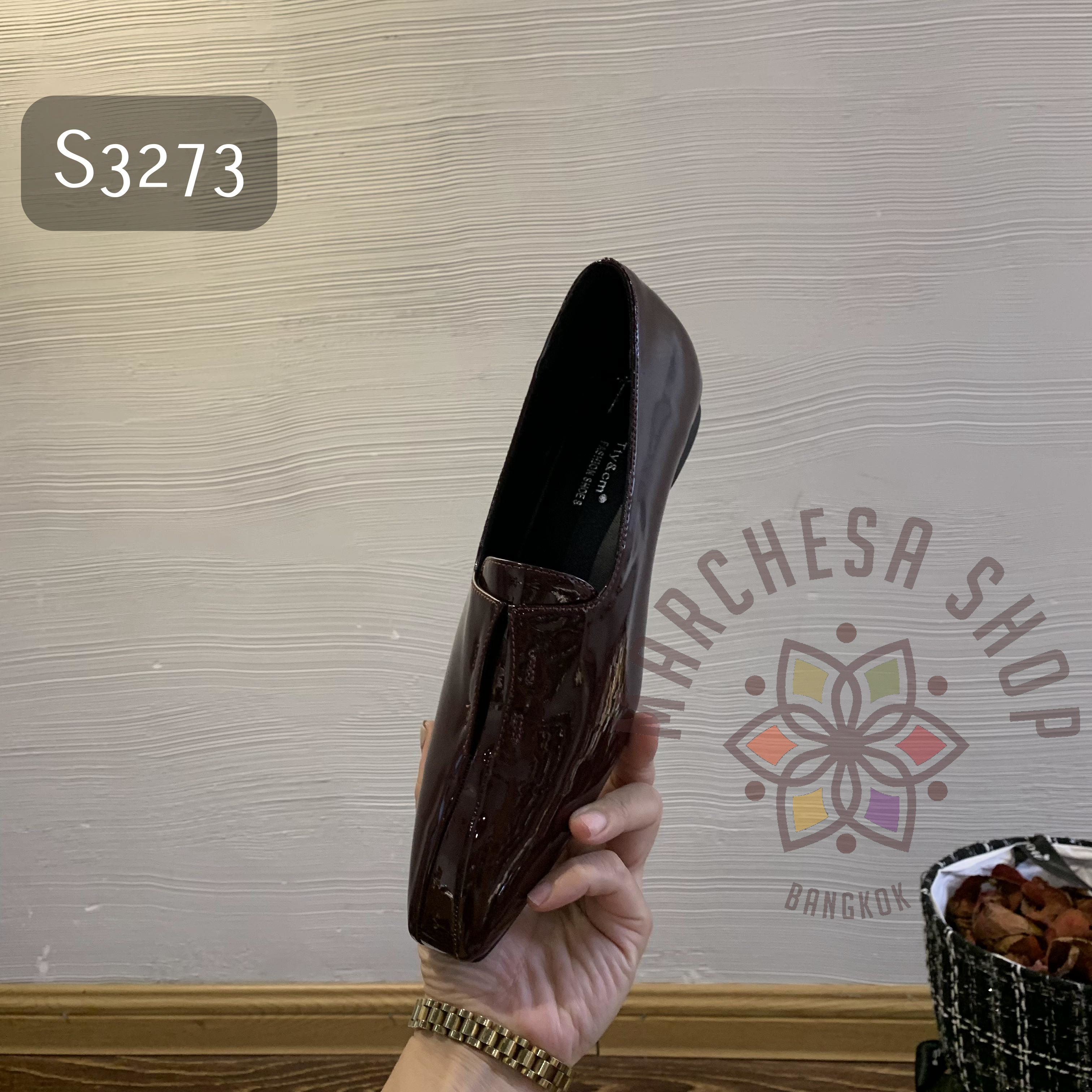 S3273 - 牛漆皮純色開口車綫方頭平底鞋