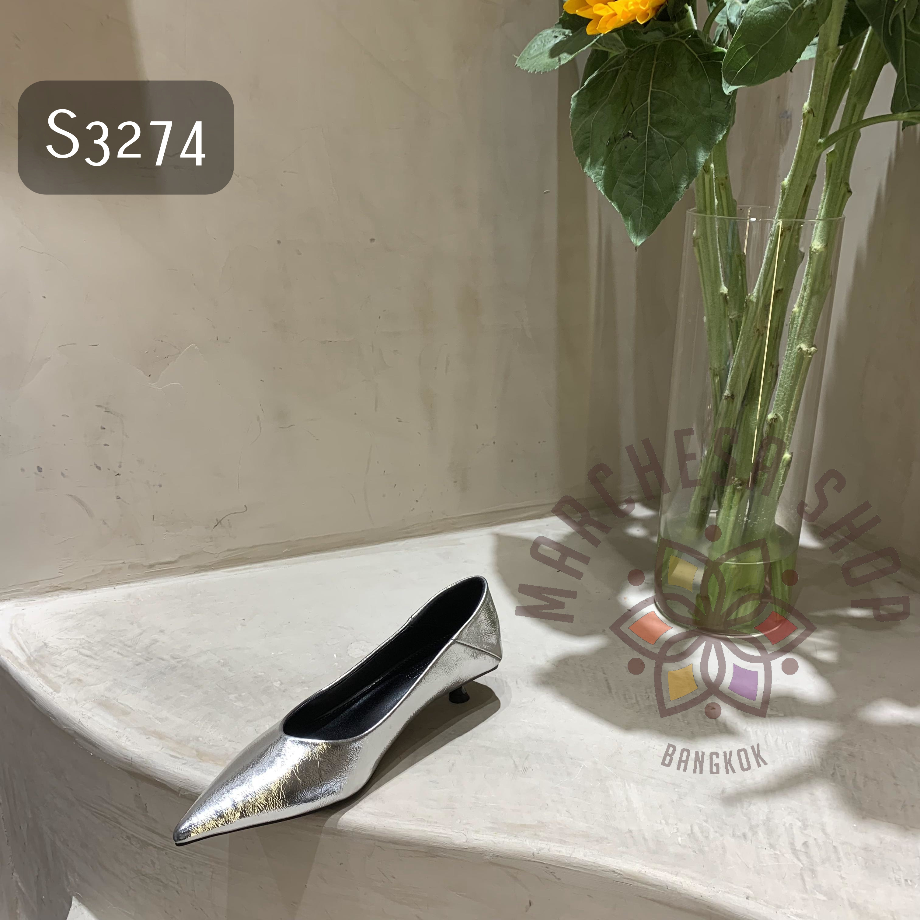 S3274 - 牛皮純色皺紋尖頭低鞋