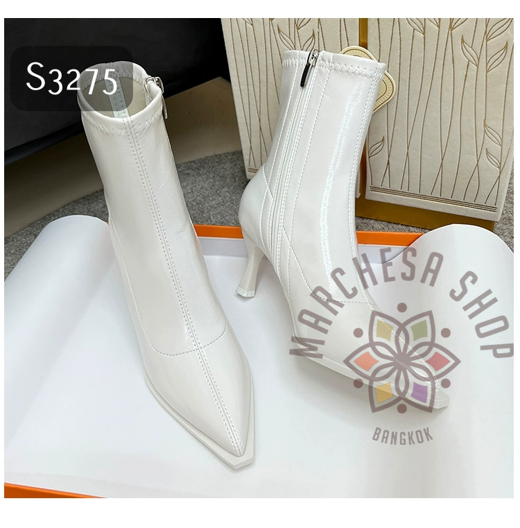 S3275 - 牛漆皮純色車綫尖頭高踭短靴