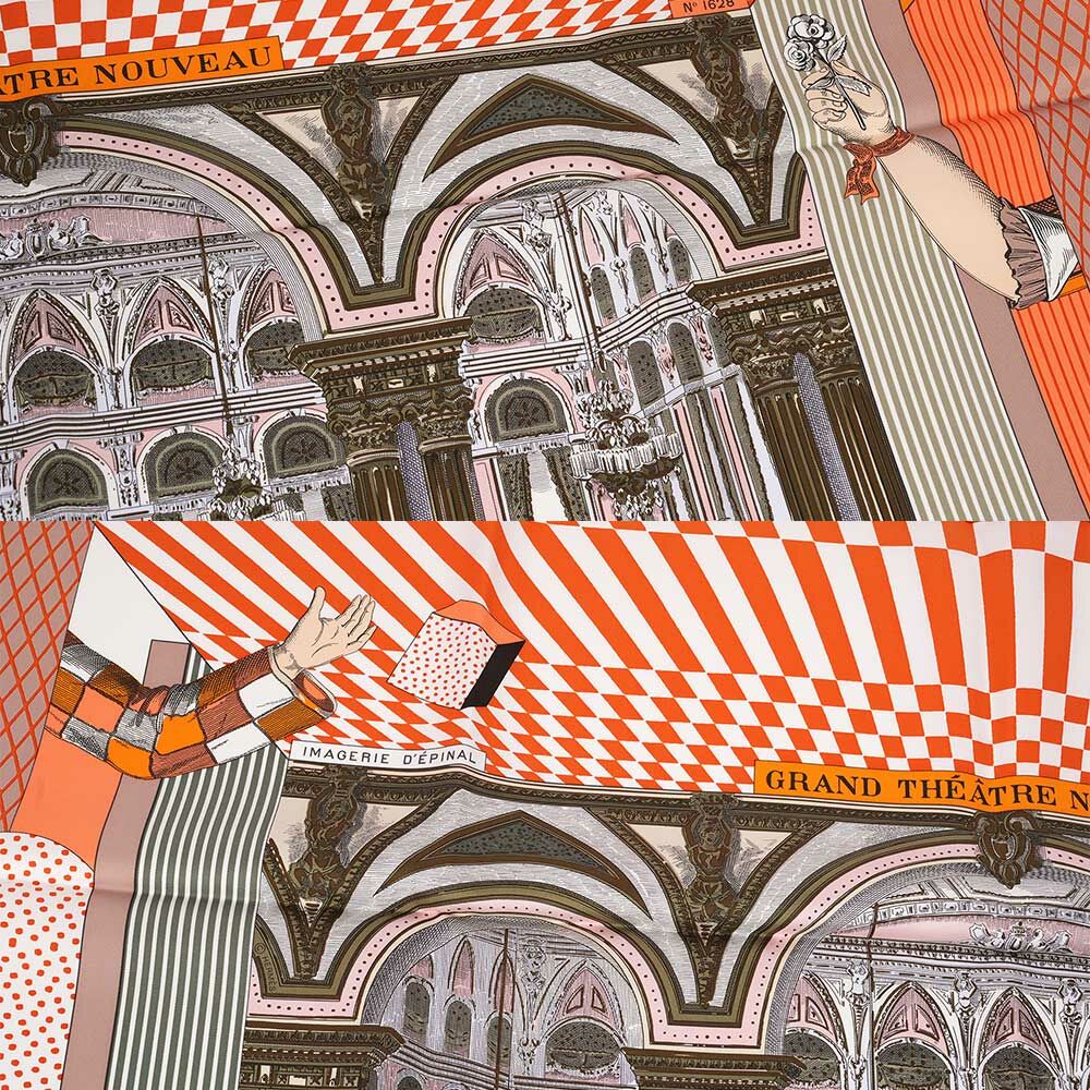 【HERMES】Grand Theatre Nouveau 新大劇院方巾(90x90)(橘色/卡其/白色)H003761S 07