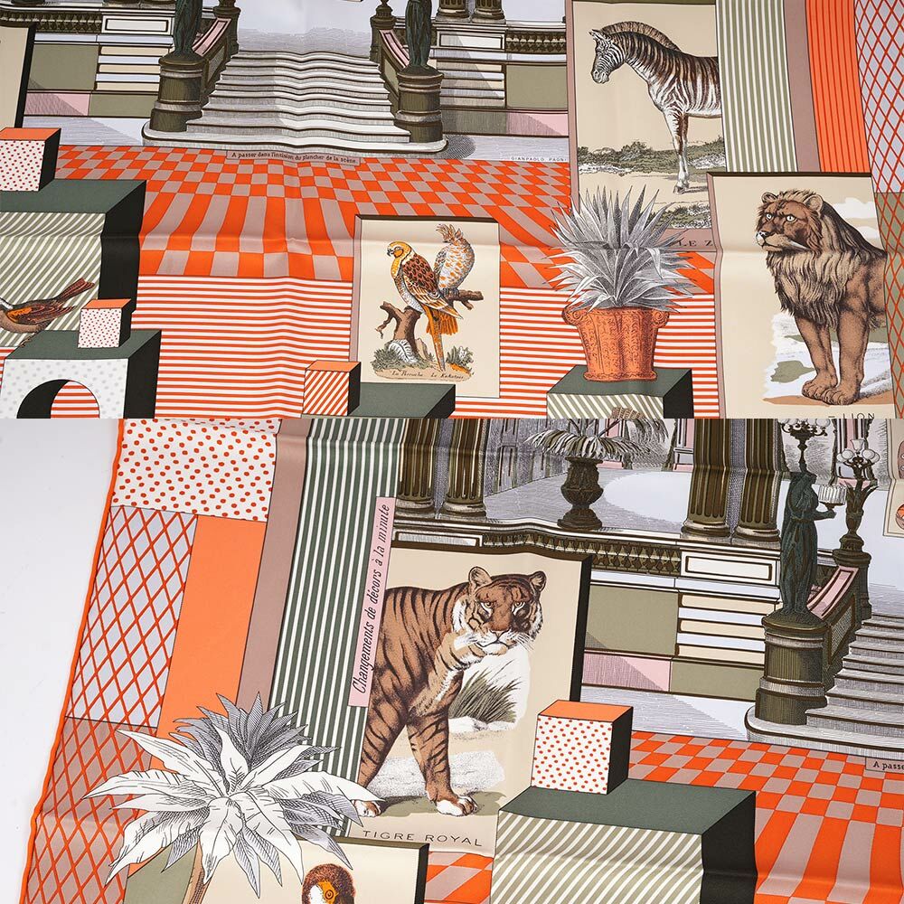 【HERMES】Grand Theatre Nouveau 新大劇院方巾(90x90)(橘色/卡其/白色)H003761S 07