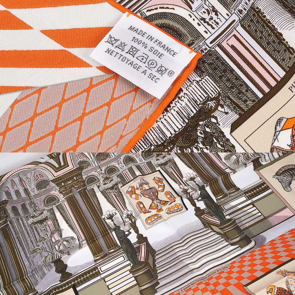 【HERMES】Grand Theatre Nouveau 新大劇院方巾(90x90)(橘色/卡其/白色)H003761S 07