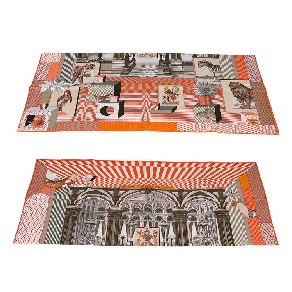 【HERMES】Grand Theatre Nouveau 新大劇院方巾(90x90)(橘色/卡其/白色)H003761S 07