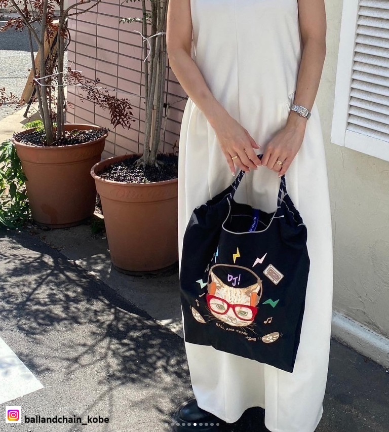 Ball＆Chain 刺繡環保購物袋 M號 - 黑 (31300601)