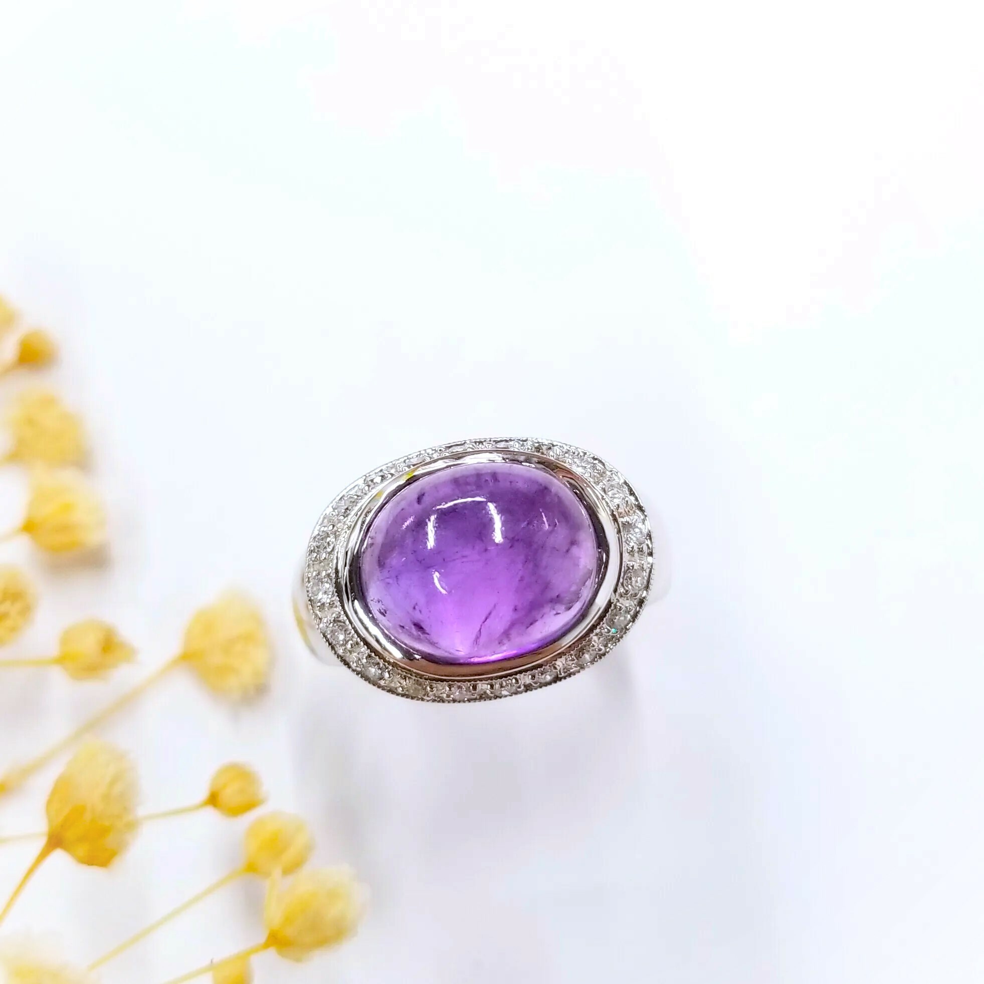 18K White Gold Purple Crystal and 0.22ct Diamond Ring