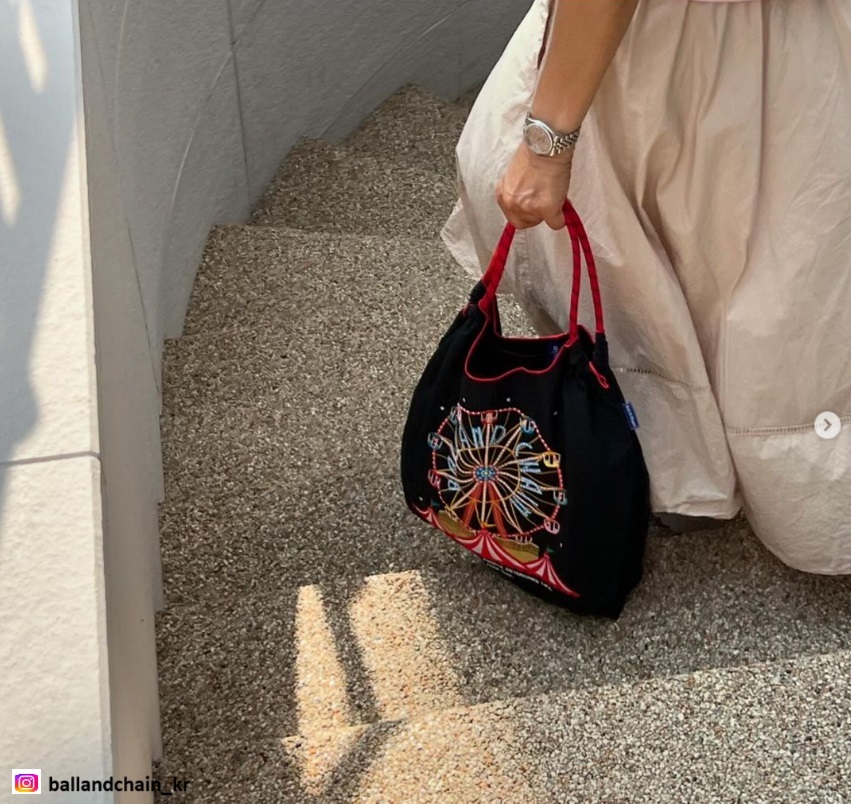 Ball＆Chain 刺繡環保購物袋 M號 - 黑 (30104201)