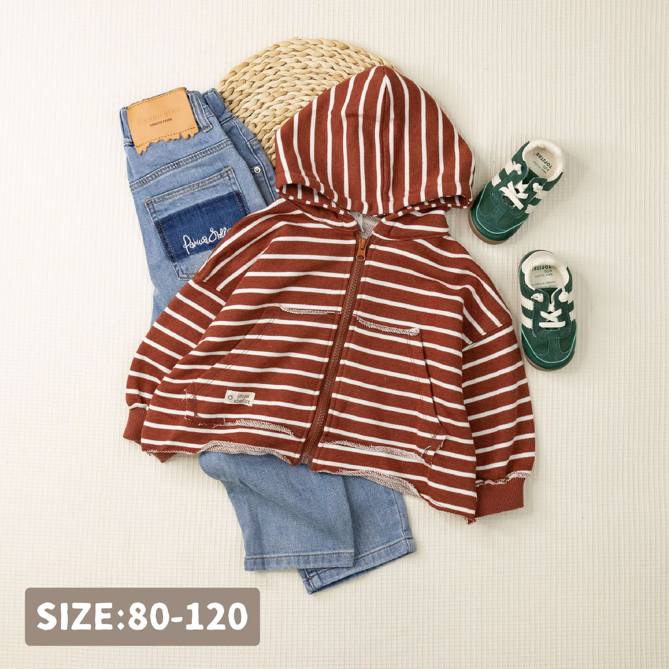 【H45108】條紋不修邊設計連帽外套