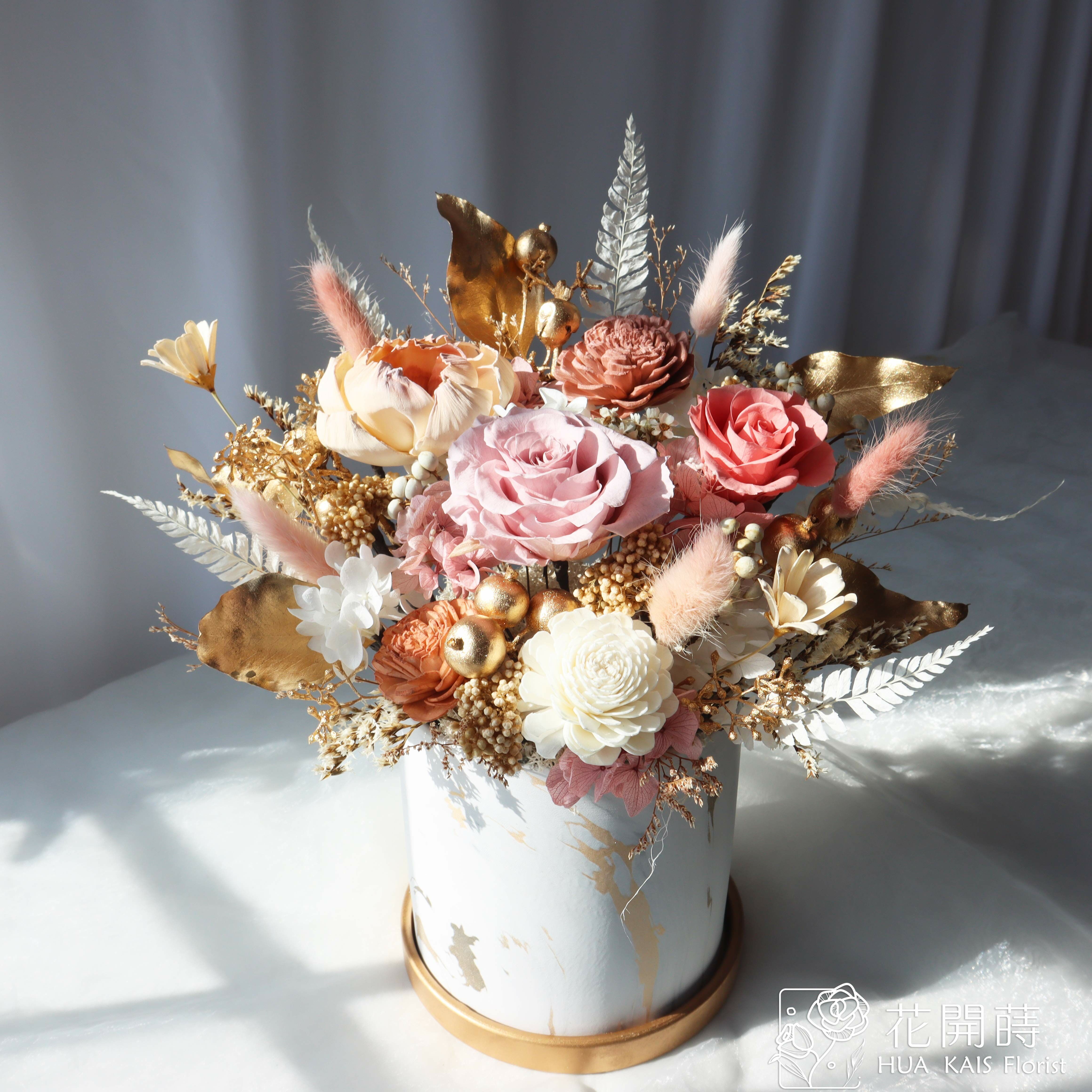 永生桌花|伯爵金大理石桌花L|永生桌花|開幕賀禮|入厝新居|永生花盆花|工業風桌花|藍金色桌花